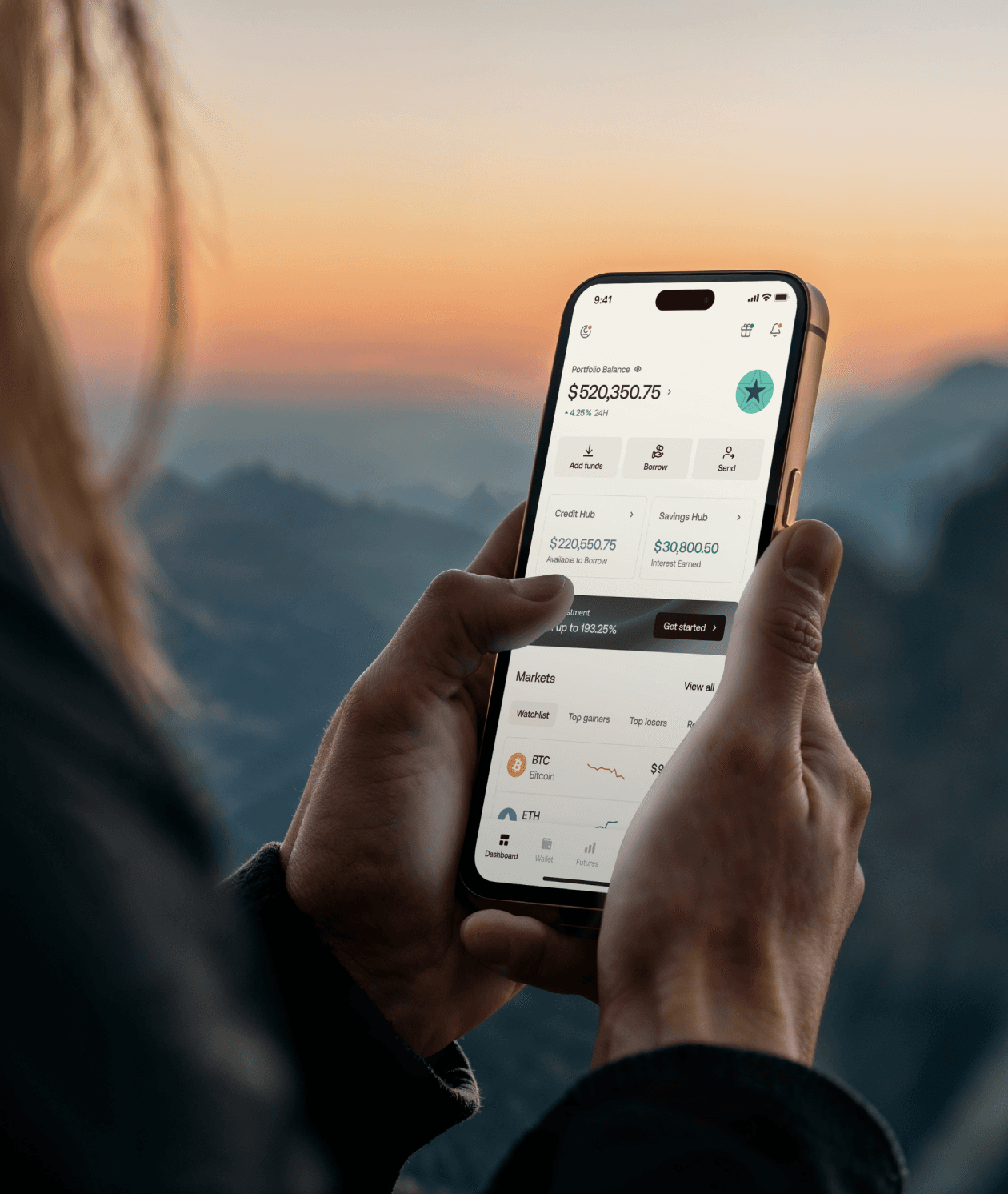 Person holding a phone with the Crypto Research Australia dashboard visible